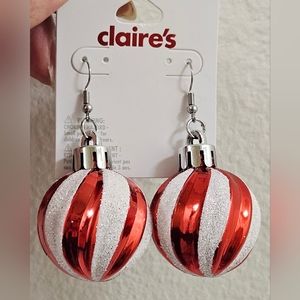 Claire's Striped Ornament    2"  Dangle Hook Earrings Candy Cane Christmas